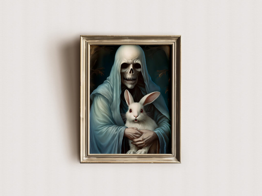 ghost with bunny printable poster in a frame
