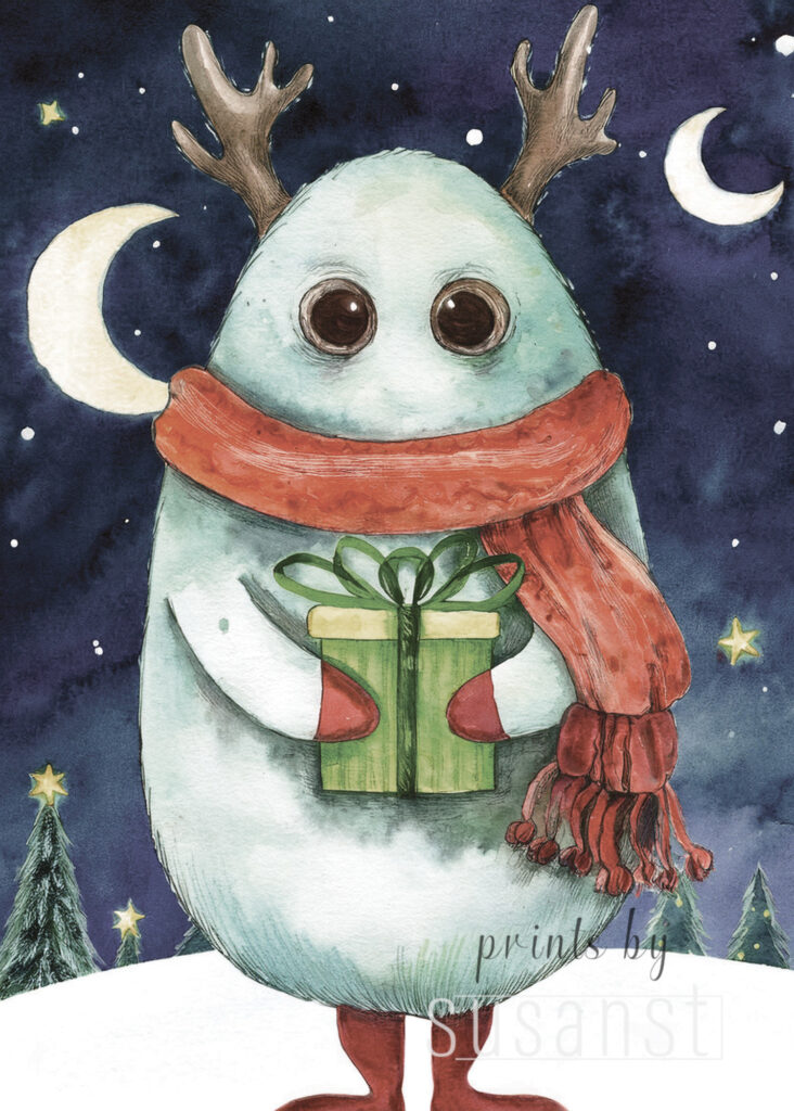 Christmas card with manster holding a present