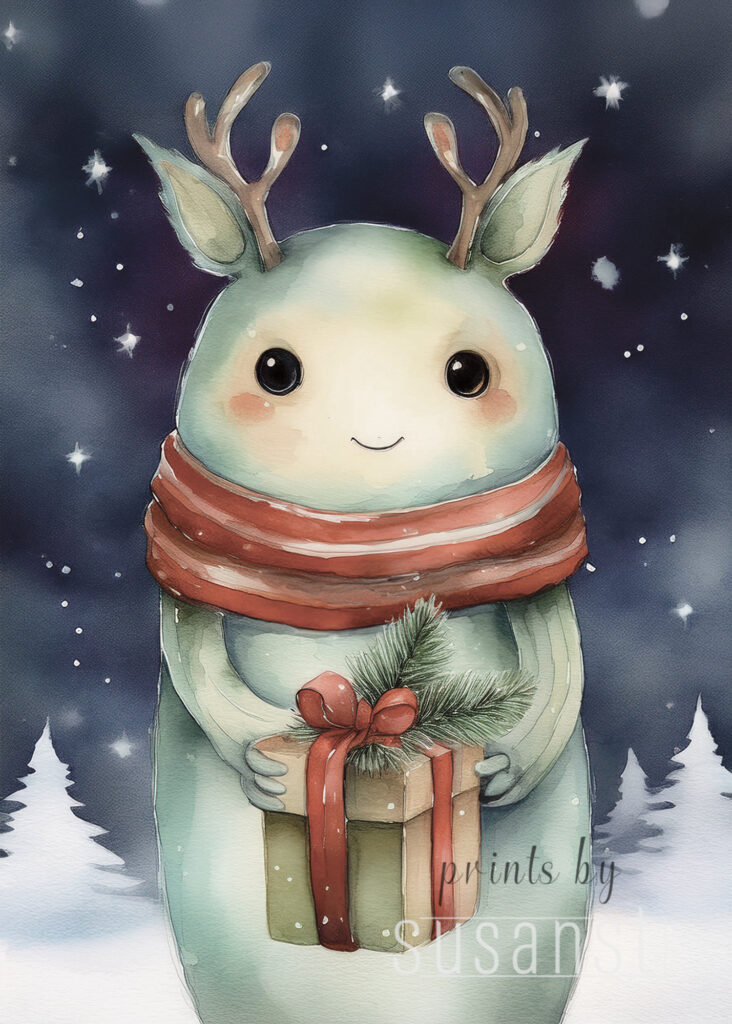 Christmas card with manster holding a present