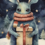 Christmas card with manster holding a present