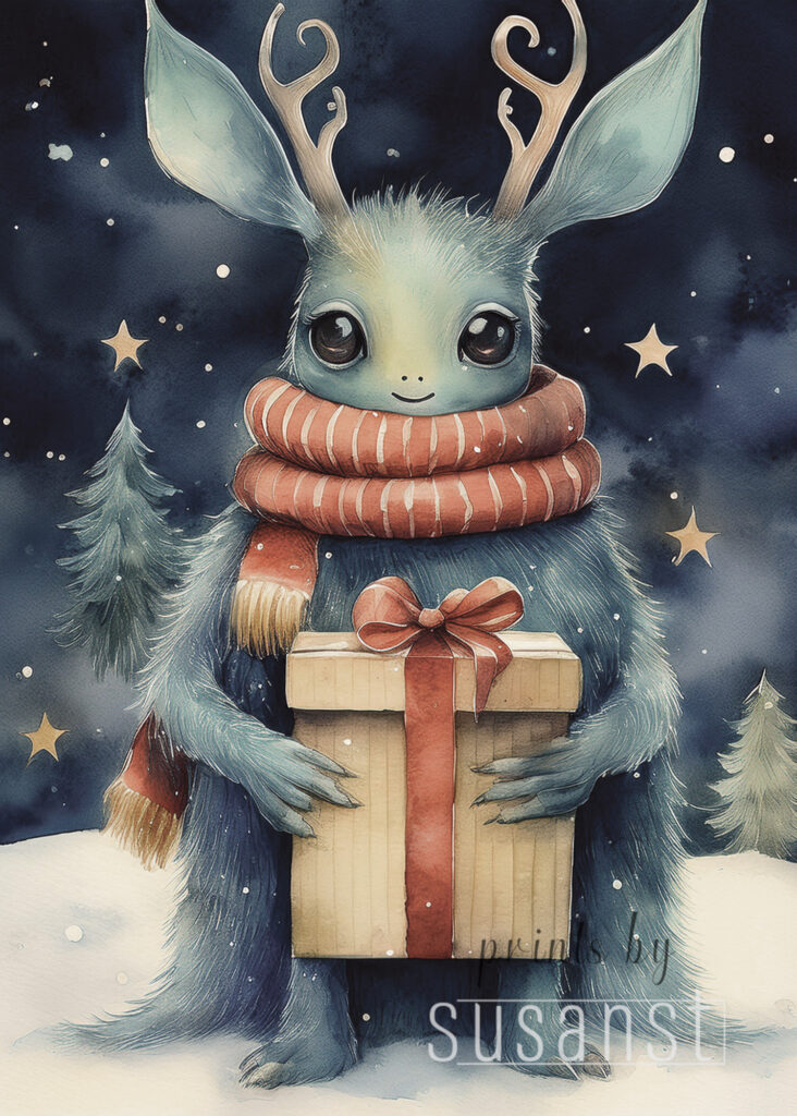 Christmas card with manster holding a present