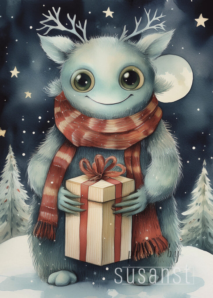 Christmas card with manster holding a present
