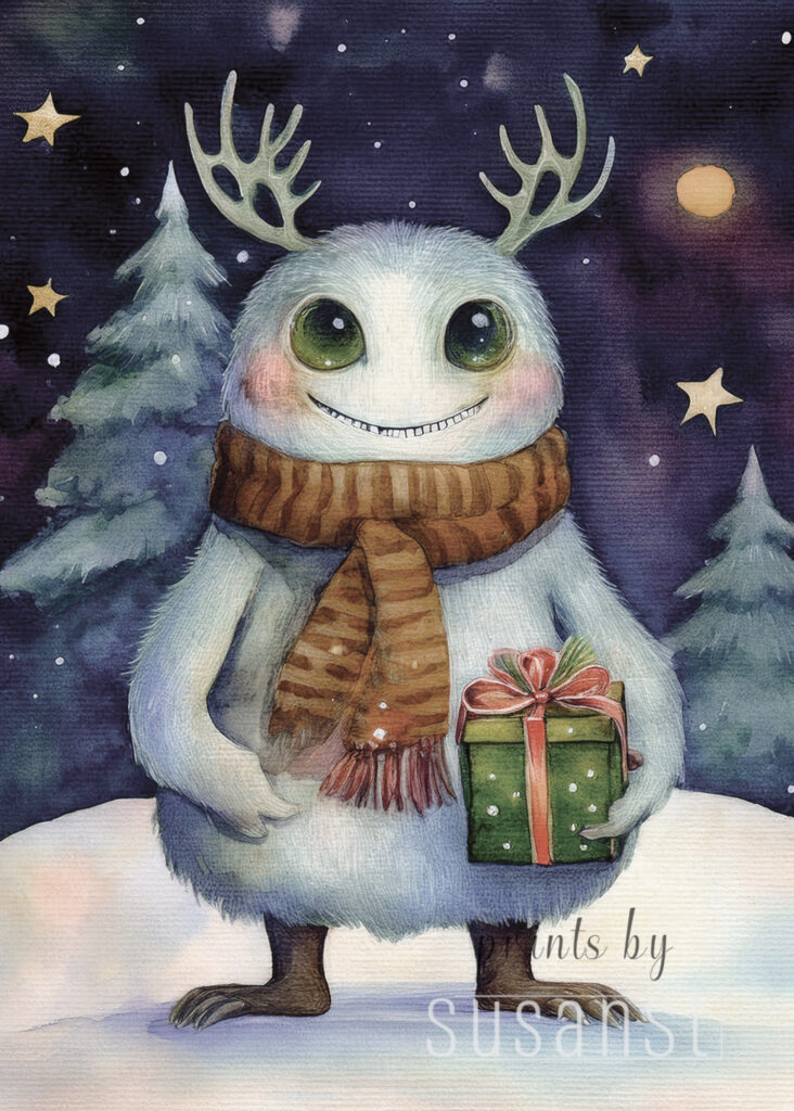 Christmas card with manster holding a present