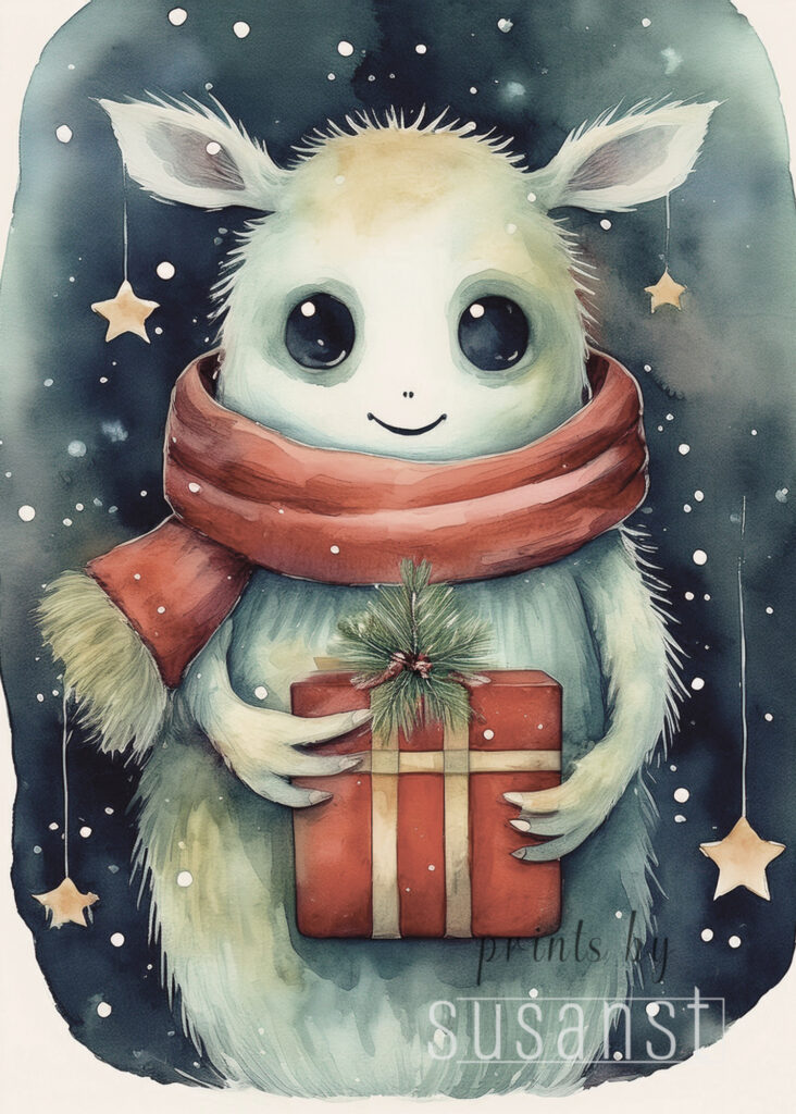 Christmas card with manster holding a present