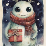Christmas card with manster holding a present