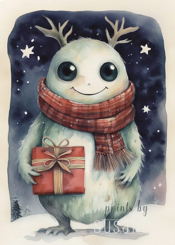 Christmas card with manster holding a present