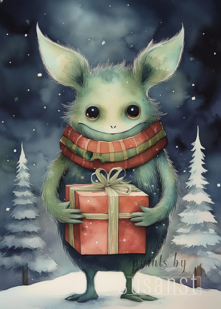 Christmas card with manster holding a present