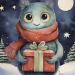 Christmas card with manster holding a present
