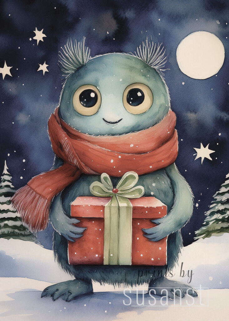 Christmas card with manster holding a present
