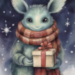 Christmas card with manster holding a present