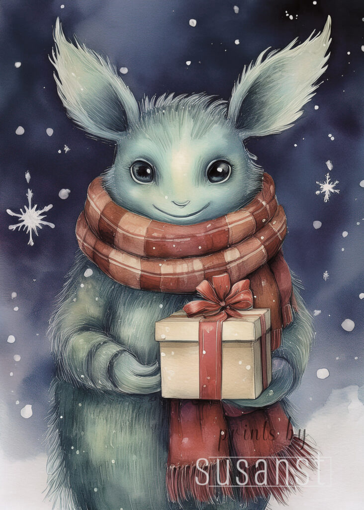 Christmas card with manster holding a present