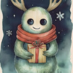 Christmas card with manster holding a present