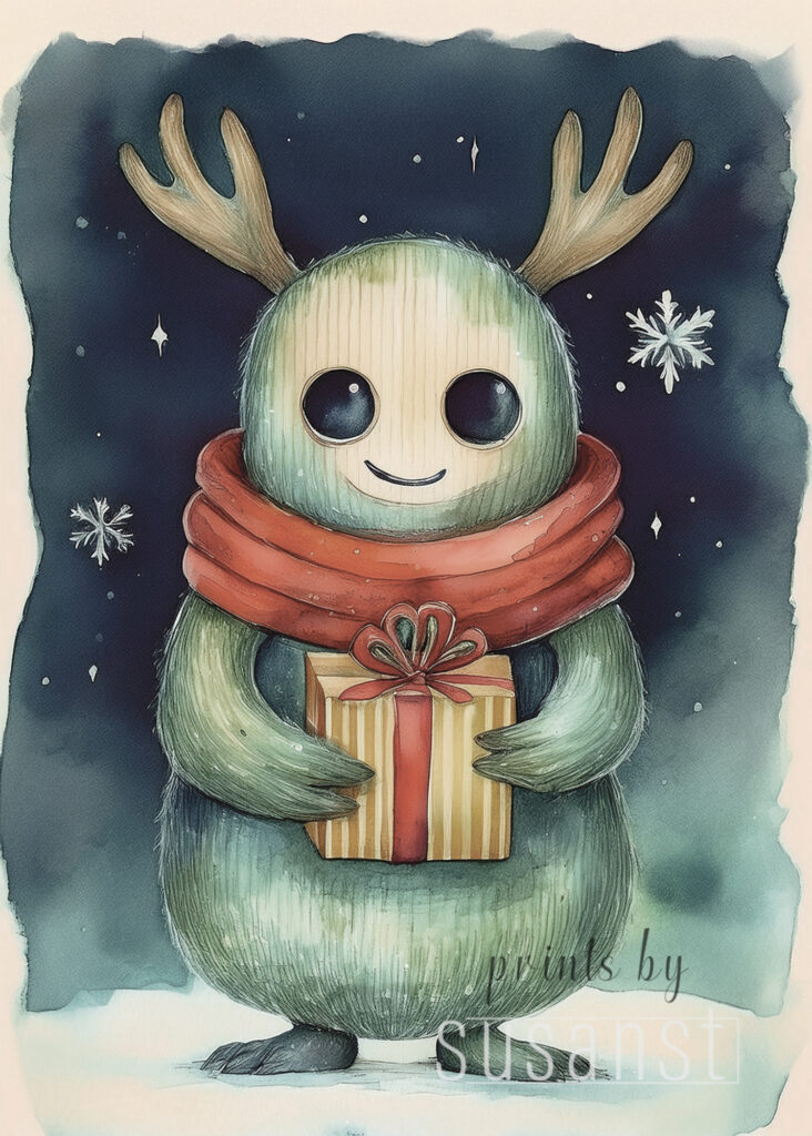 Christmas card with manster holding a present