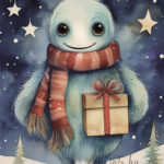 Christmas card with manster holding a present