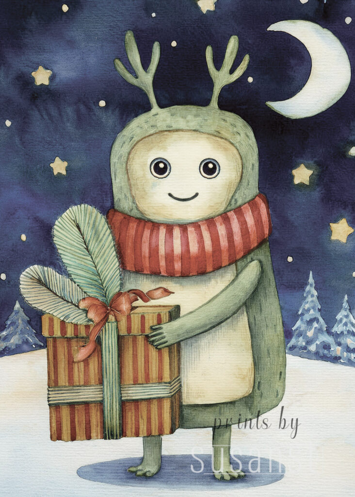Christmas card with manster holding a present