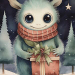 Christmas card with manster holding a present