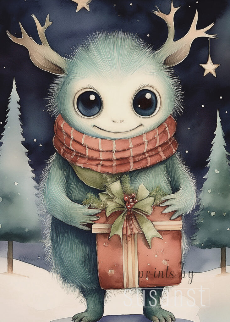Christmas card with manster holding a present