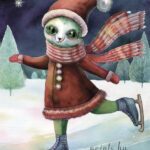 A Christmas card with a monster on ice skates