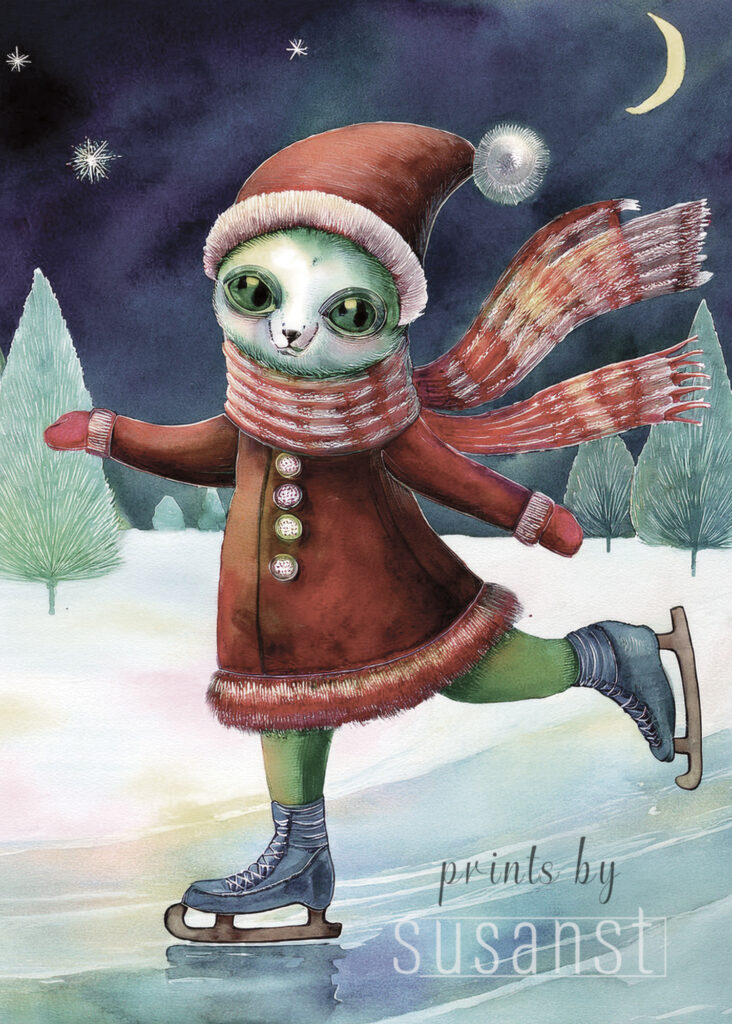 A Christmas card with a monster on ice skates