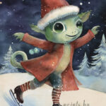 A Christmas card with a monster on ice skates
