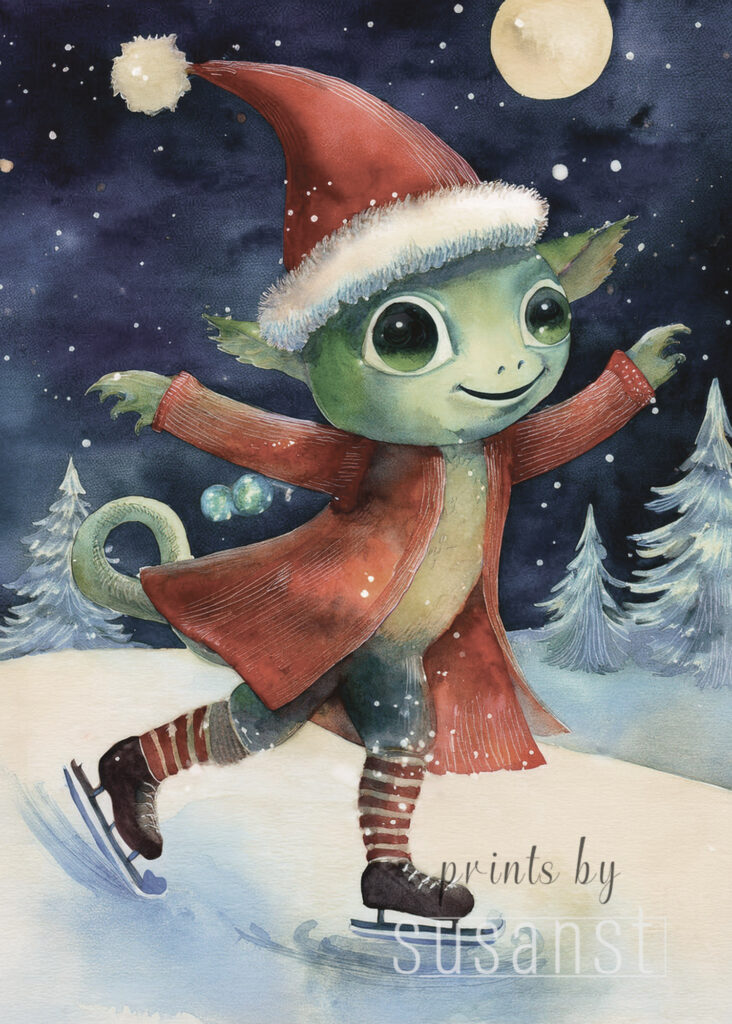 A Christmas card with a monster on ice skates
