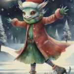 A Christmas card with a monster on ice skates