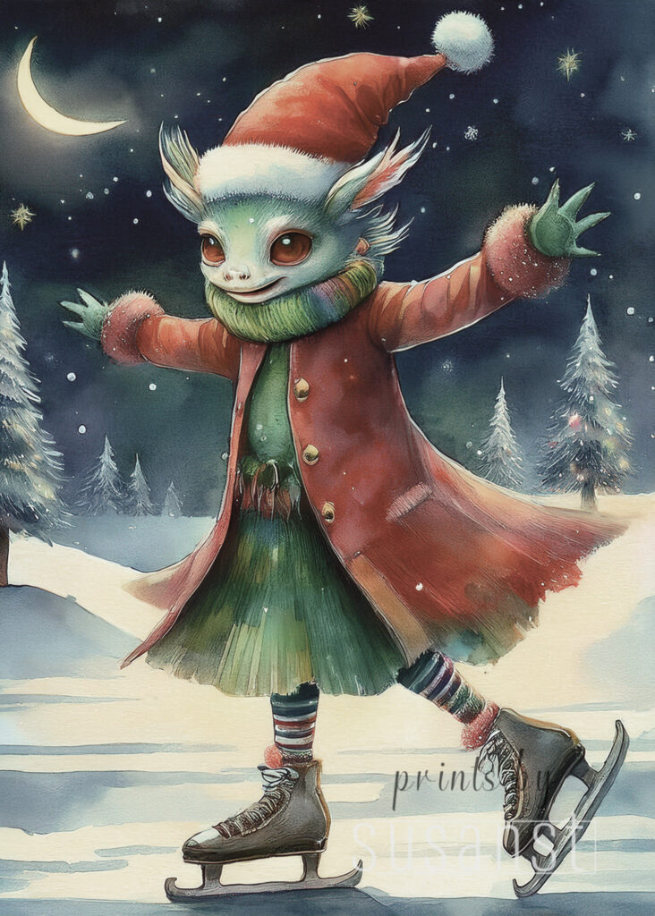 A Christmas card with a monster on ice skates