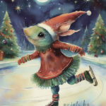 A Christmas card with a monster on ice skates
