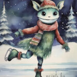 A Christmas card with a monster on ice skates