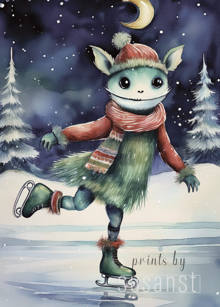 A Christmas card with a monster on ice skates