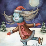 A Christmas card with a monster on ice skates