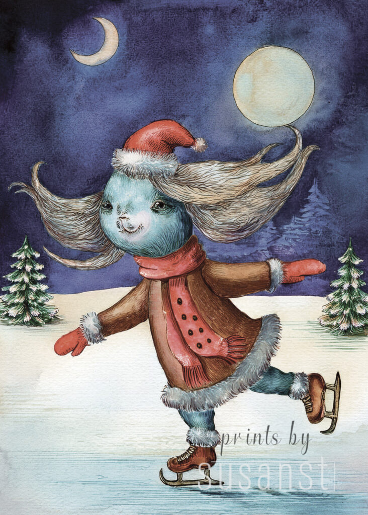 A Christmas card with a monster on ice skates