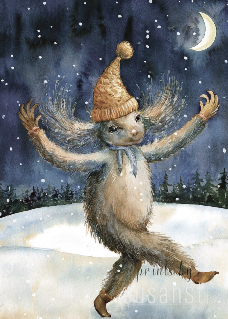 A Christmas card with a dancing monster