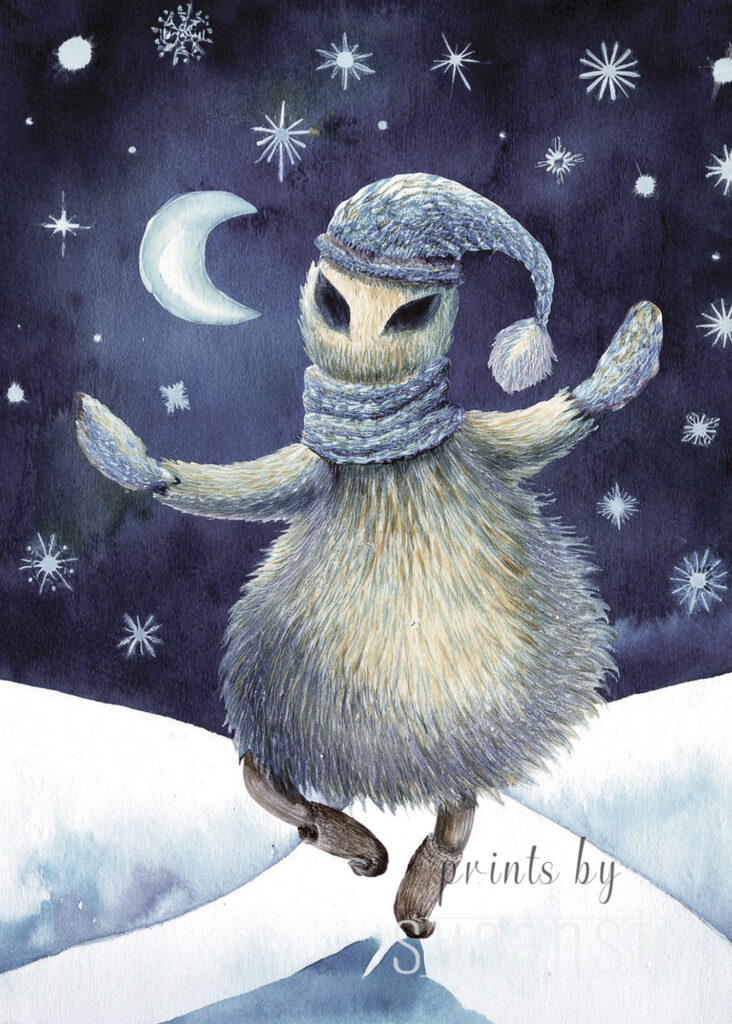 A Christmas card with a dancing monster