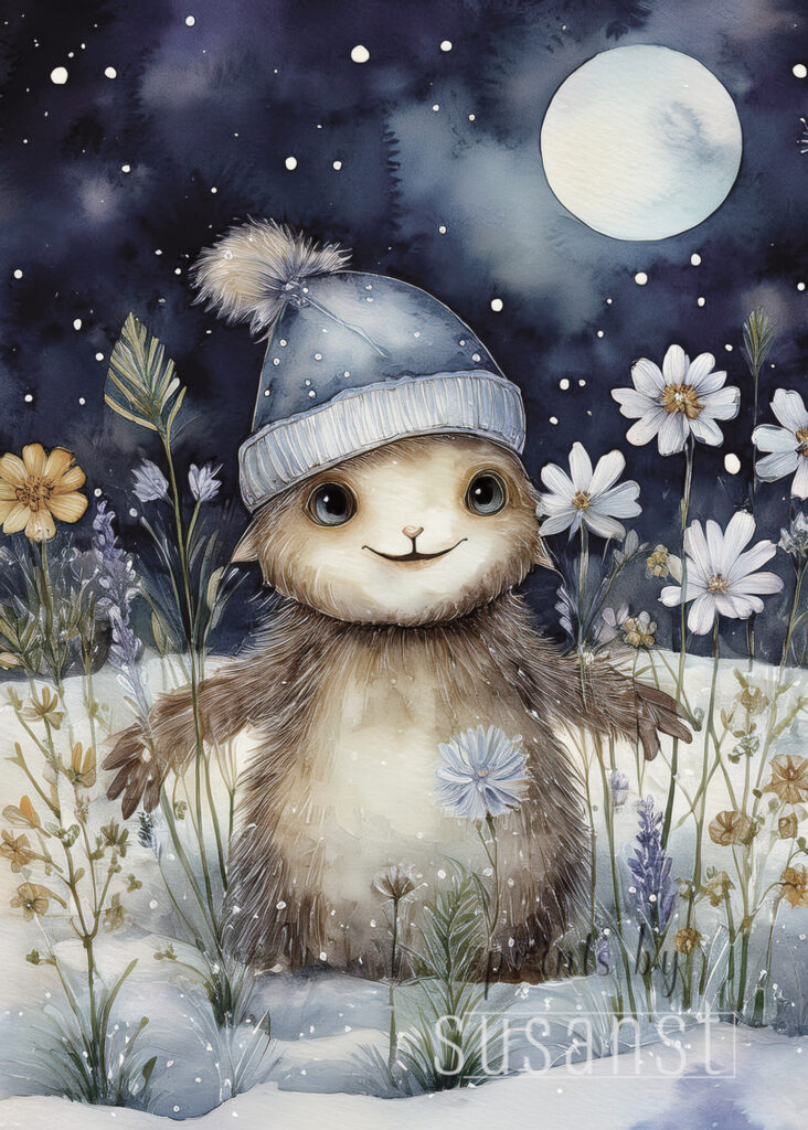 A Christmas card with a monster in wildflowers