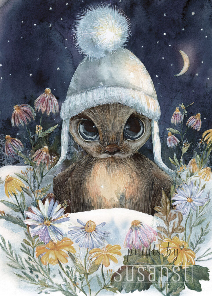 A Christmas card with a monster in wildflowers