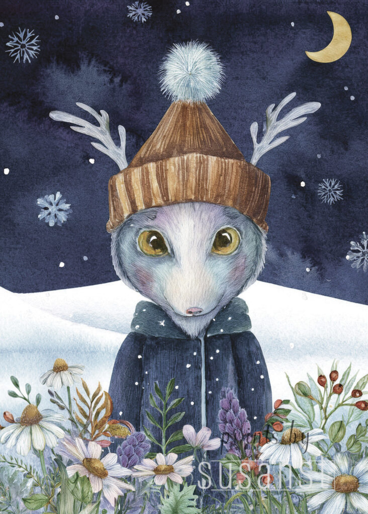 A Christmas card with a monster in wildflowers