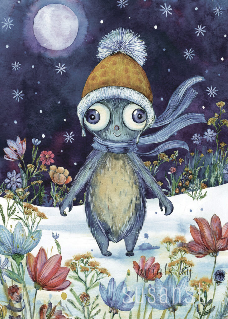 A Christmas card with a monster in wildflowers