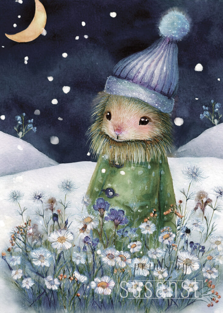 A Christmas card with a monster in wildflowers