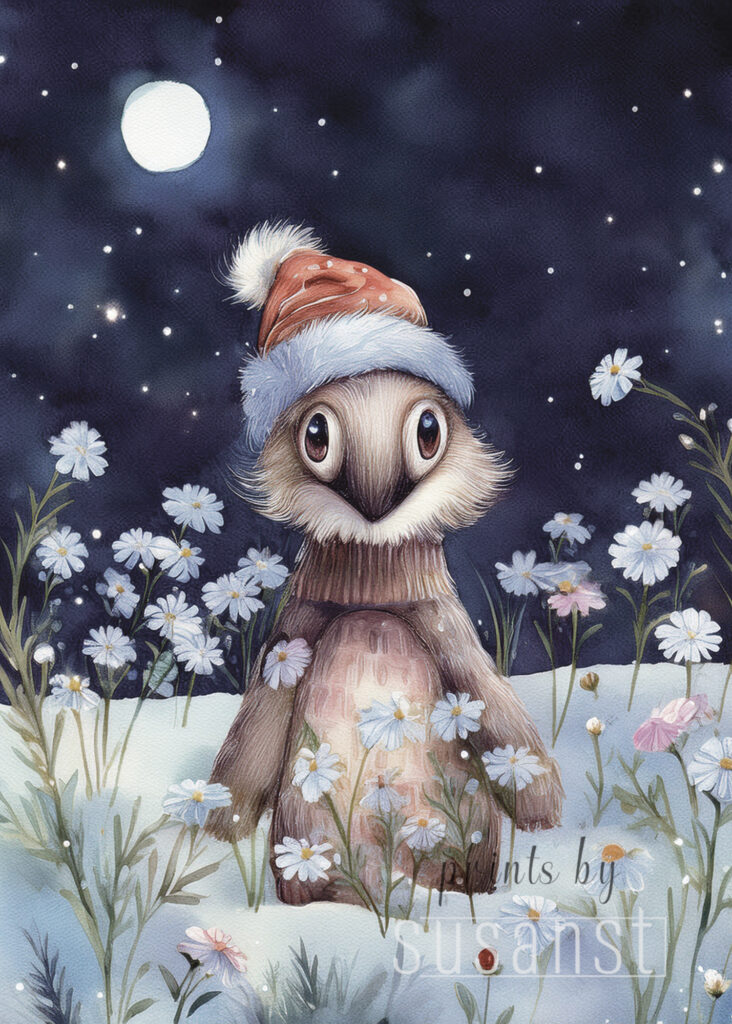 A Christmas card with a monster in wildflowers