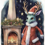 A Christmas card with a monster around the fireplace