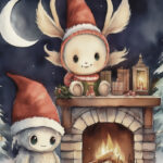 A Christmas card with a monster around the fireplace