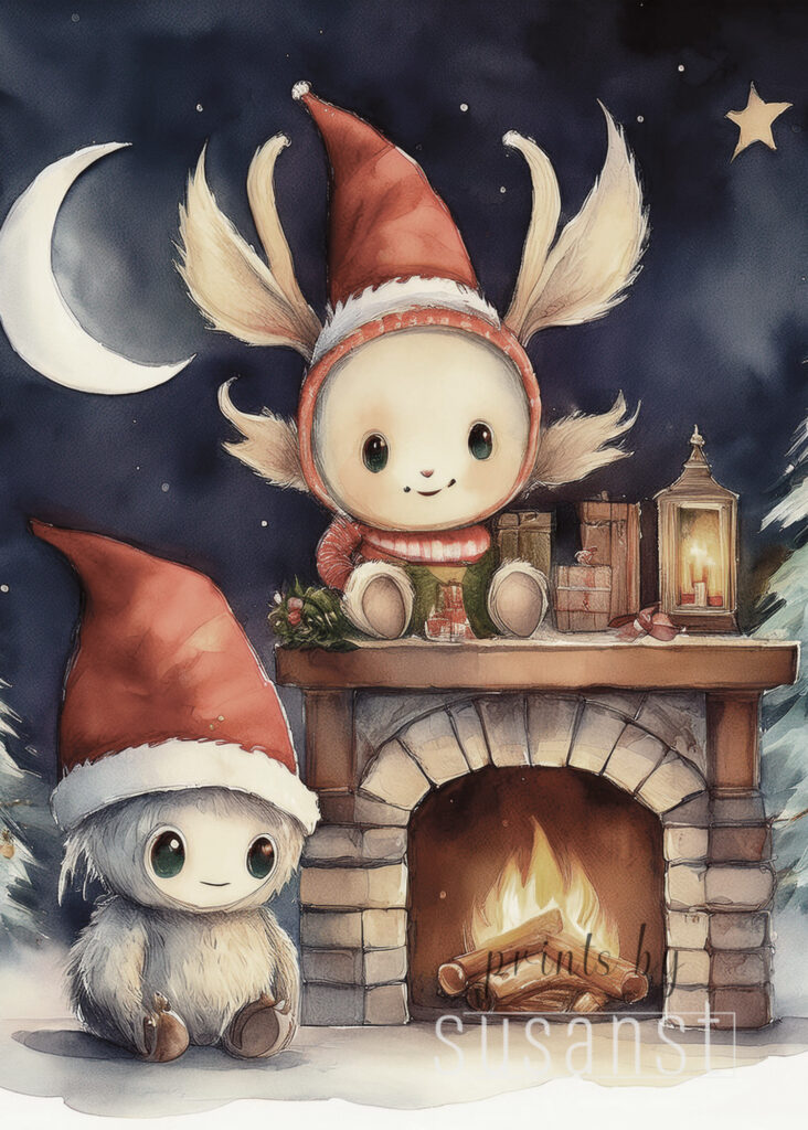 A Christmas card with a monster around the fireplace