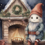 A Christmas card with a monster around the fireplace