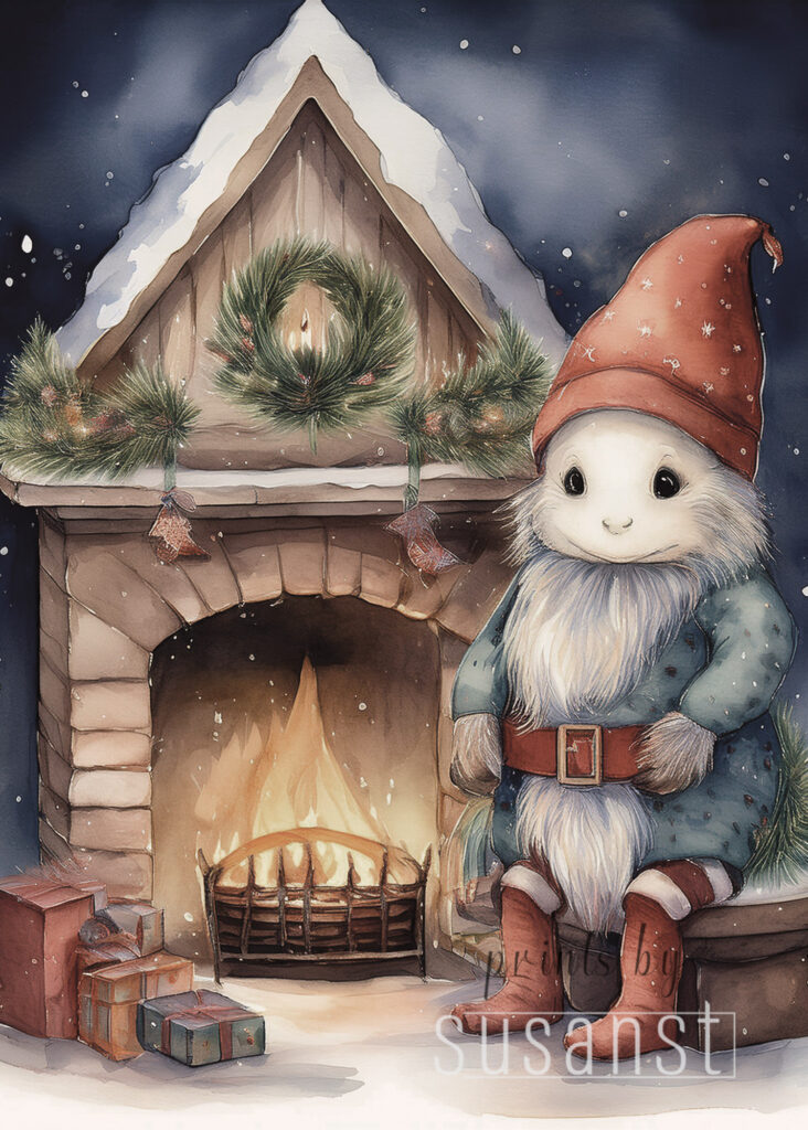 A Christmas card with a monster around the fireplace