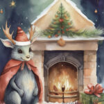 A Christmas card with a monster around the fireplace