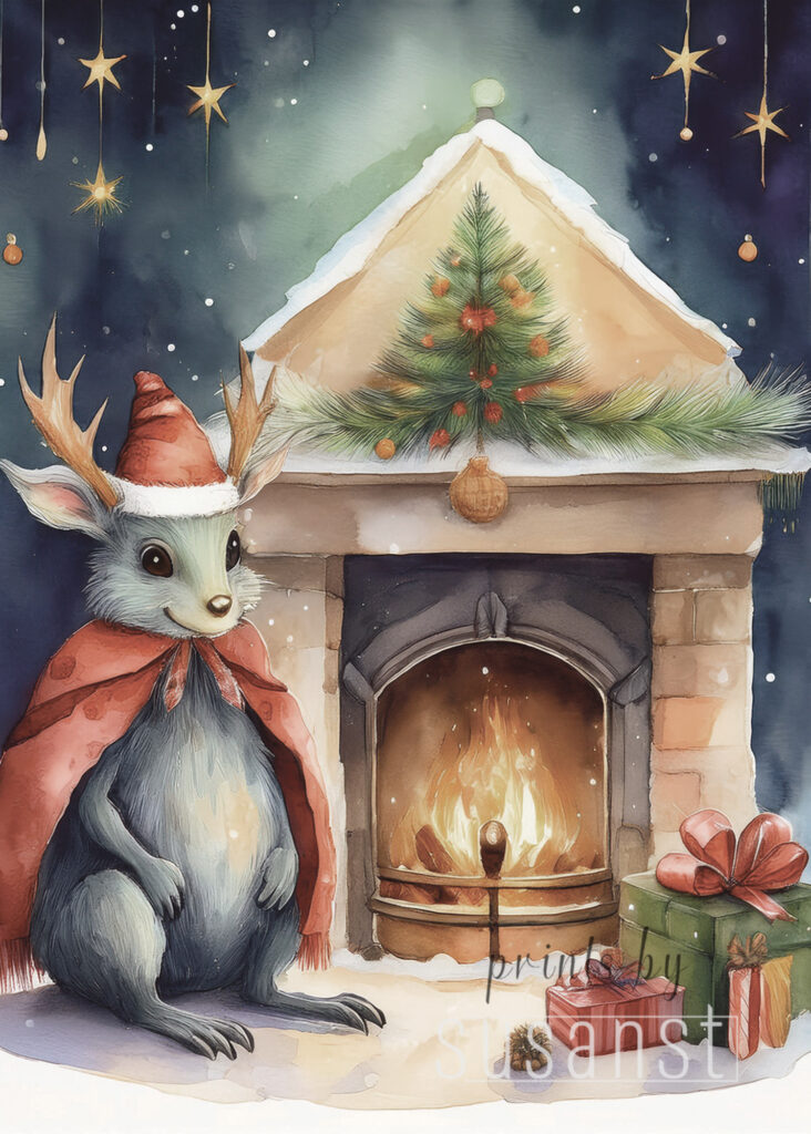 A Christmas card with a monster around the fireplace