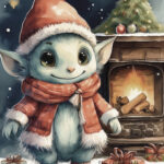 A Christmas card with a monster around the fireplace