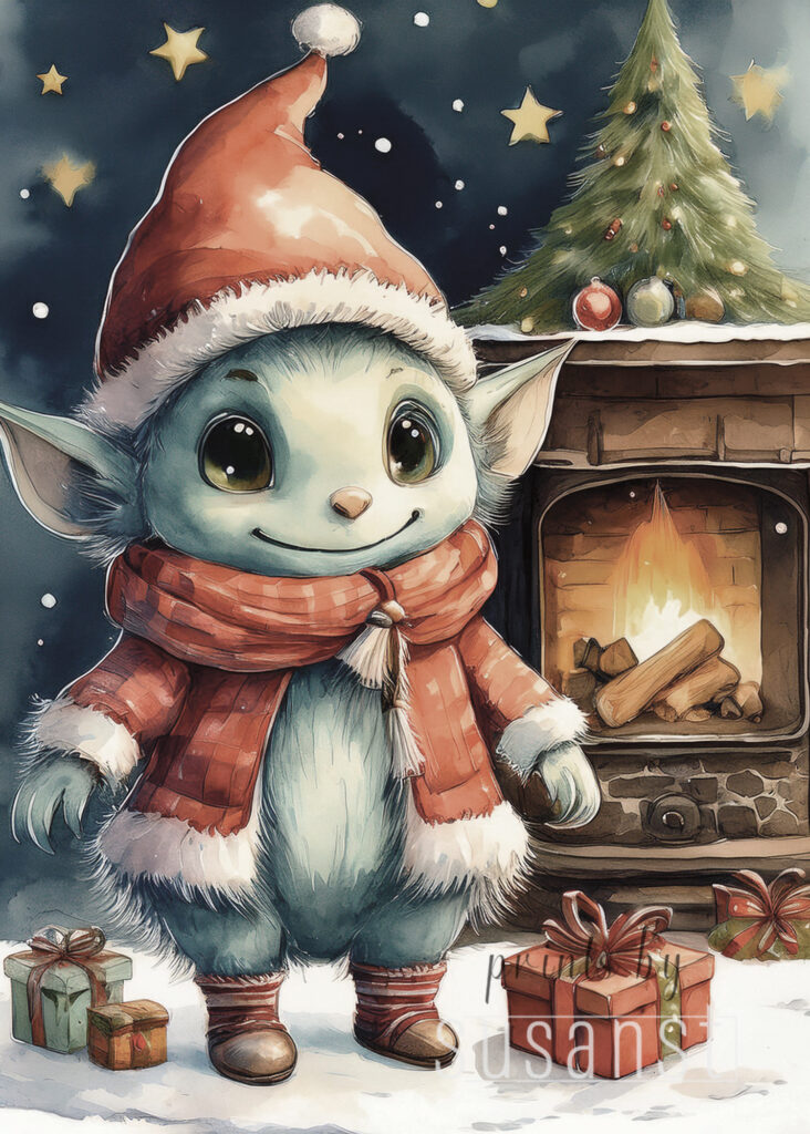 A Christmas card with a monster around the fireplace