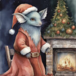A Christmas card with a monster around the fireplace